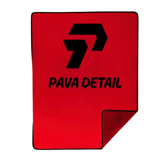 Red towel with 'PAVA DETAIL' logo on a white background