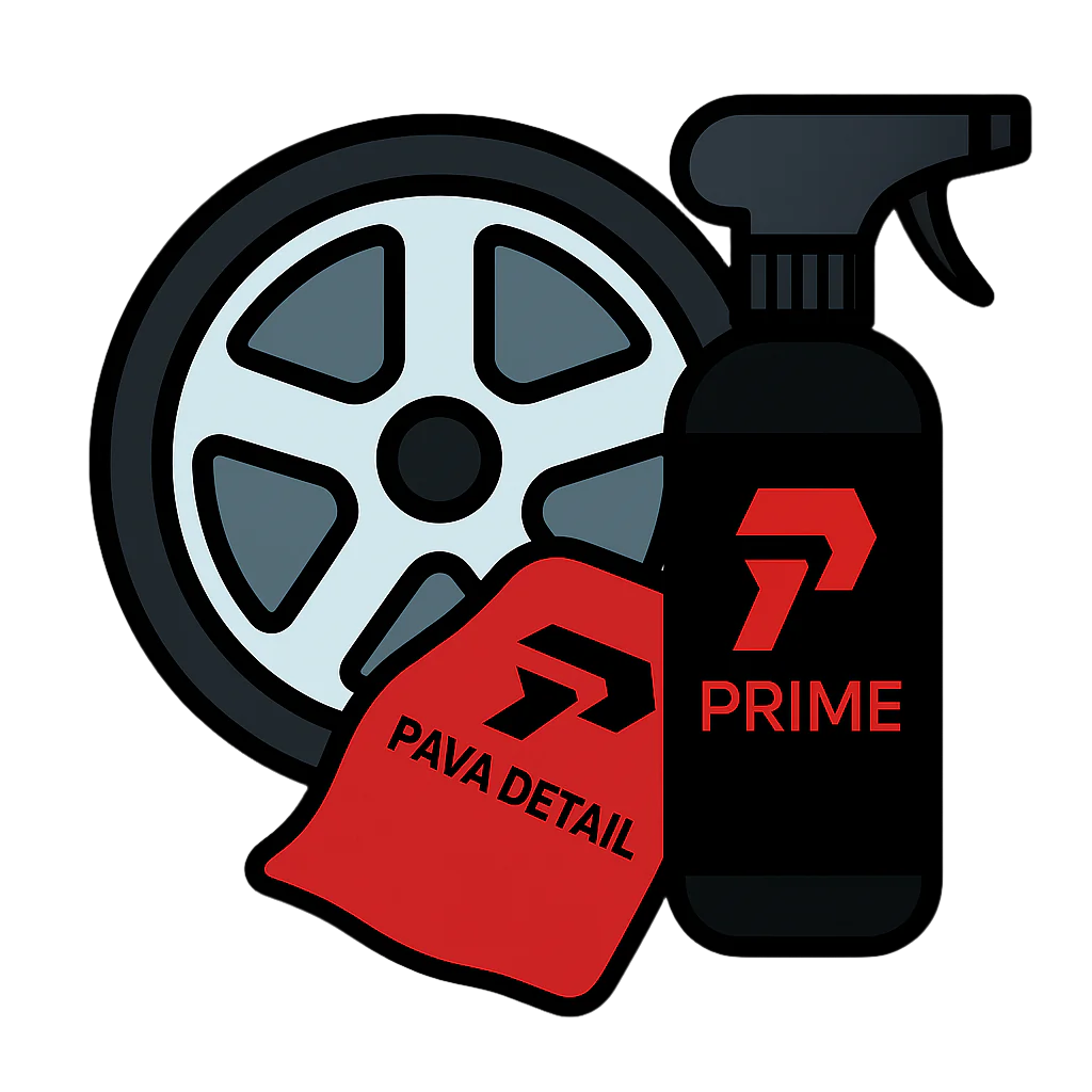 Spray bottle and towel with 'Pava Detail' and 'Prime' logos next to a car wheel.