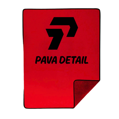 Red towel with 'PAVA DETAIL' logo on a white background
